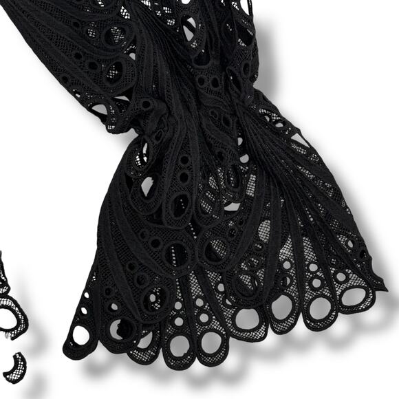 Akira Sheer Eyelet Cutout Shirt High Collar Bell Sleeve Womens Sz Medium Black - Picture 4 of 7